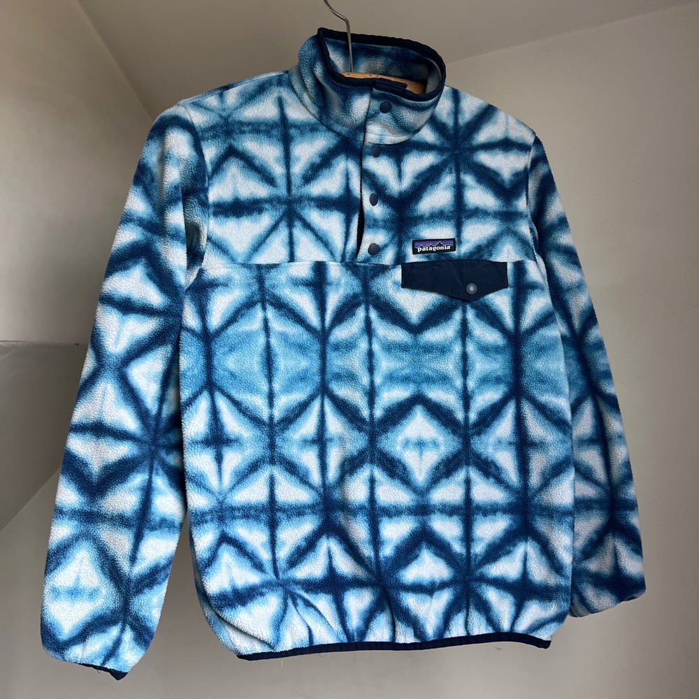 Patagonia Synchilla Snap-T Fleece Pullover XS Blue White Shibori Tie Dye Diamond